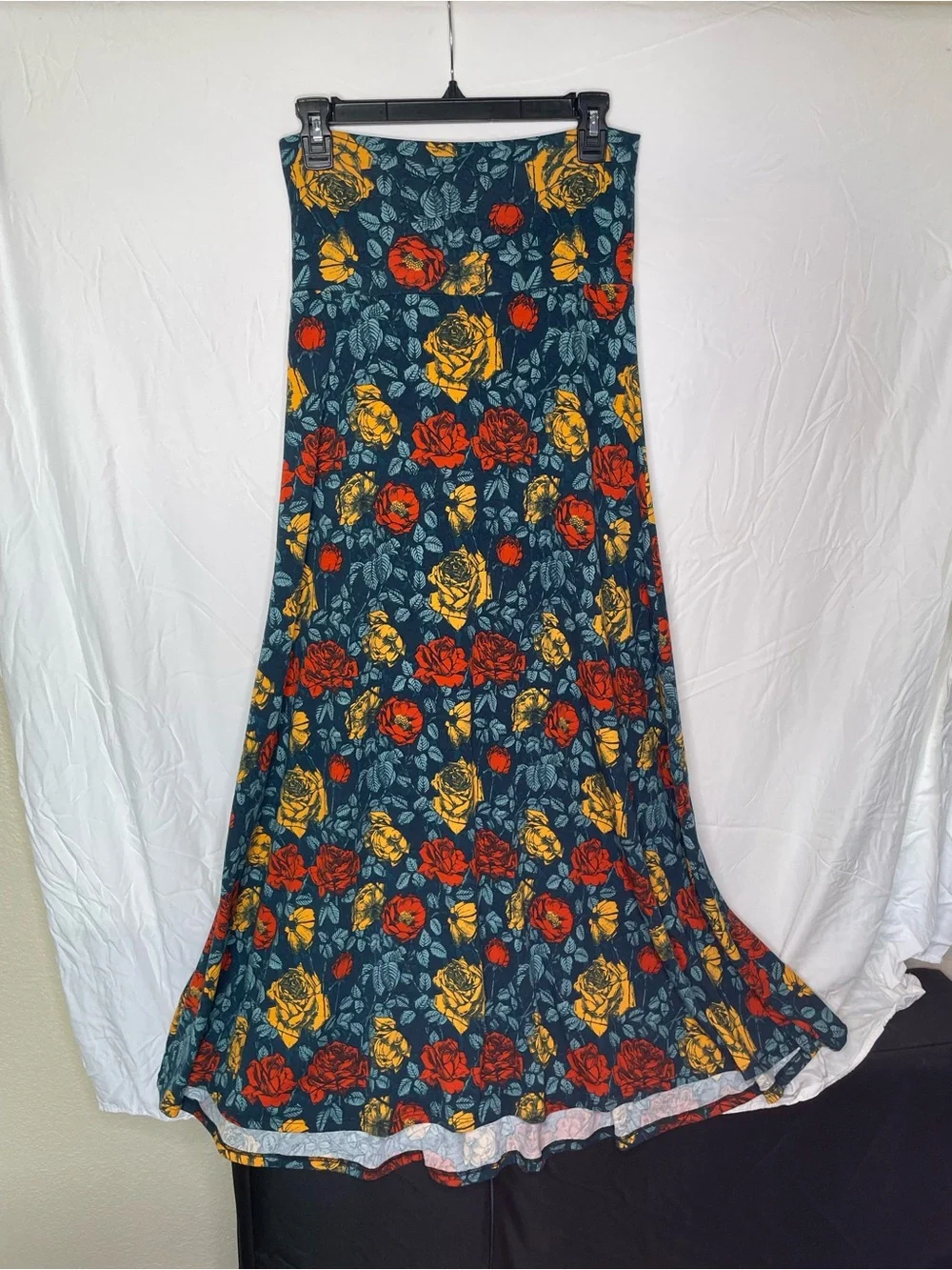 LuLaRoe Floral Maxi Skirt in Teal with Red & Mustard Roses